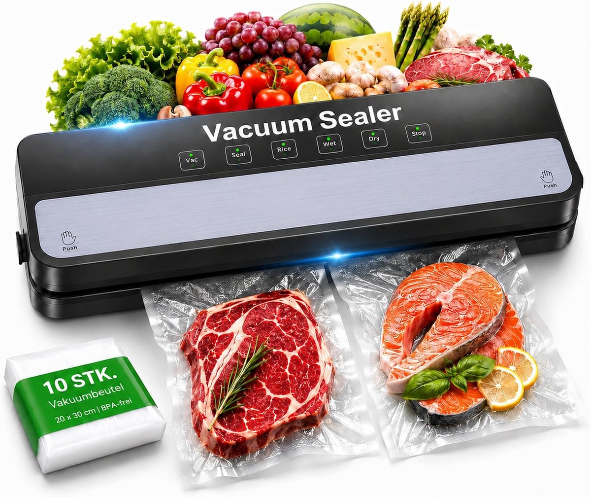 Vacuümmachine, vacuümmachine met vacuümzakken, all-in-1 vacuümmachine voor droge, vochtigheid, versheid, folielasapparaat voor levensmiddelen, compact, volautomatisch verzegelingsapparaat