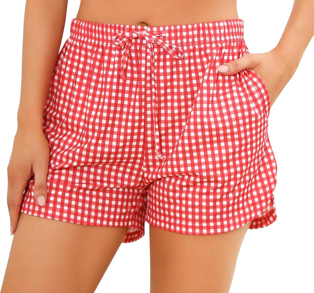 Damesshorts, superzachte boxershort, loungeshorts, schattige geruite print, pyjamabroek met zakken, trekkoord, S-XXL