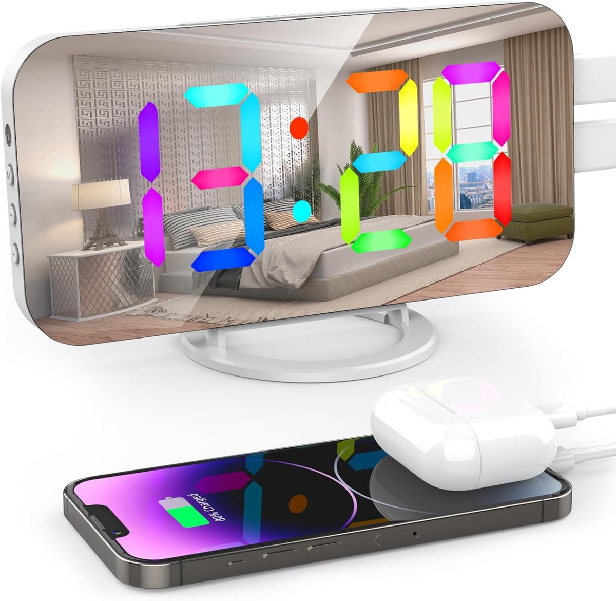 LED bureauklok met dynamische RGB kleurspiegel wekker met twee USB-oplaadpoorten, 6 helderheidsniveaus, home office decoratie, wit