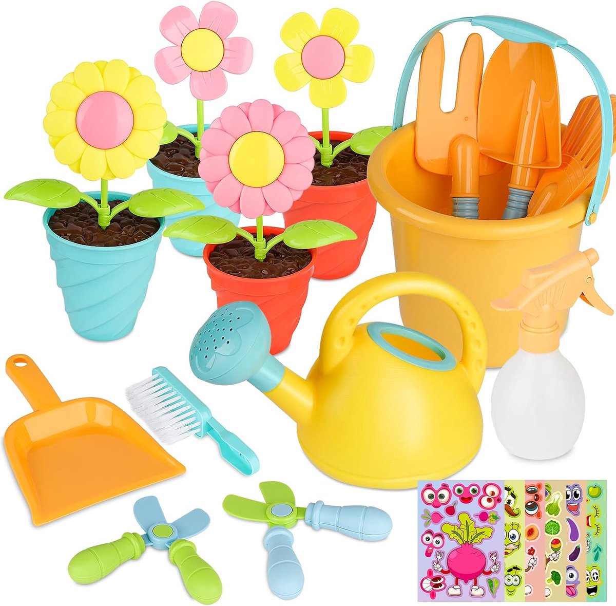 24 stuks tuingereedschap voor kinderen, speelgoed met stickers, tuinspeelgoed voor kinderen, zandspeelgoed meisjes, gieter schep hark, tuinspeelgoed set kindertuinspeelgoed vanaf 2 jaar