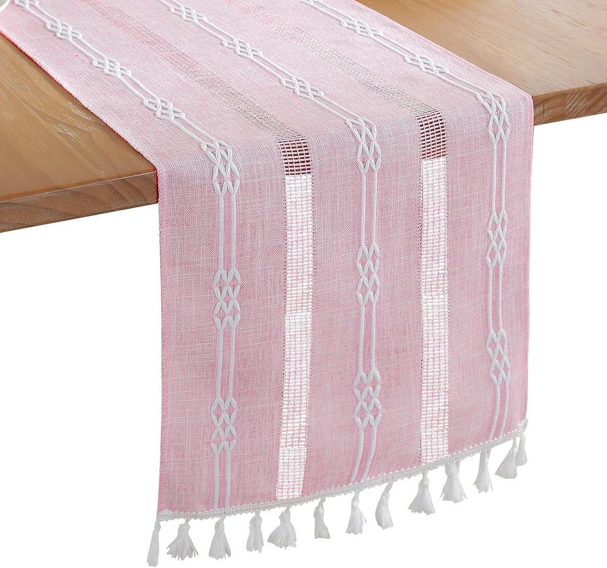 tafelloper met kwastjes, 183x33cm/72 x 13 tafeldecoratie, linnen beige tafelloper tafelkleed voor thuis, bruiloft decoratie, roze