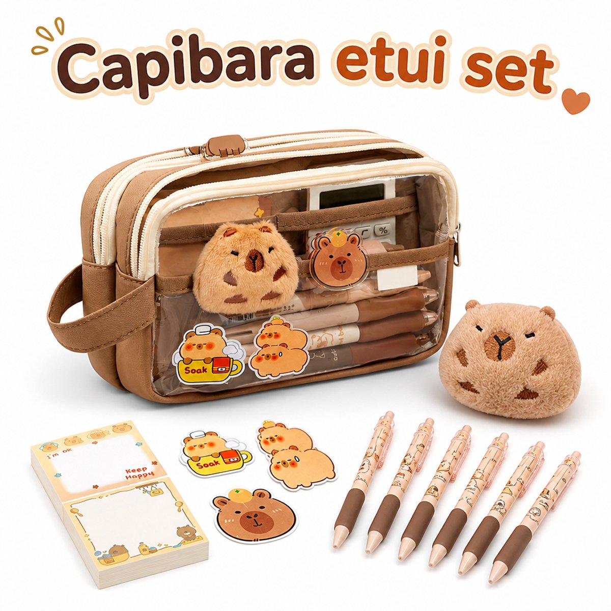 Namajunas - Capybara Pennenzak – Kawaii Capybara etui met 5 opbergvakken – Inclusief 6 Capybara potloden en knuffel – Grote capaciteit school etui voor jongens en meisjes – Schattige dieren cadeau voor school en dagelijks gebruik