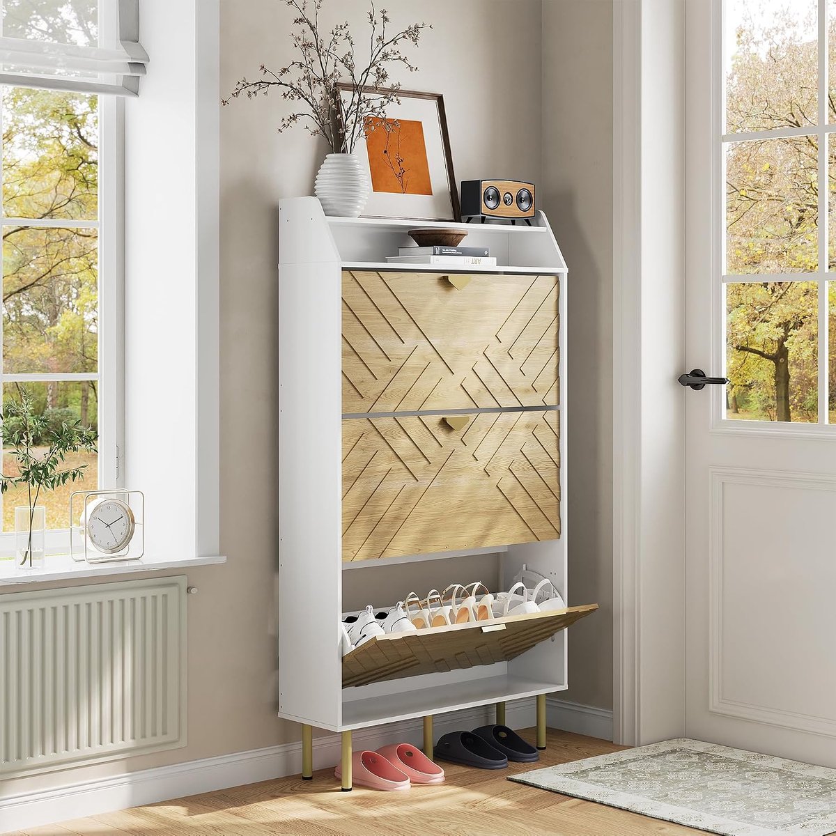 Moderne schoenenkast - 3 uitklapbare lades - Verborgen schoenenkast met plank - Slanke houten schoenenrek - voor de gang en de hal - 145 × 80 × 23 cm - Wit