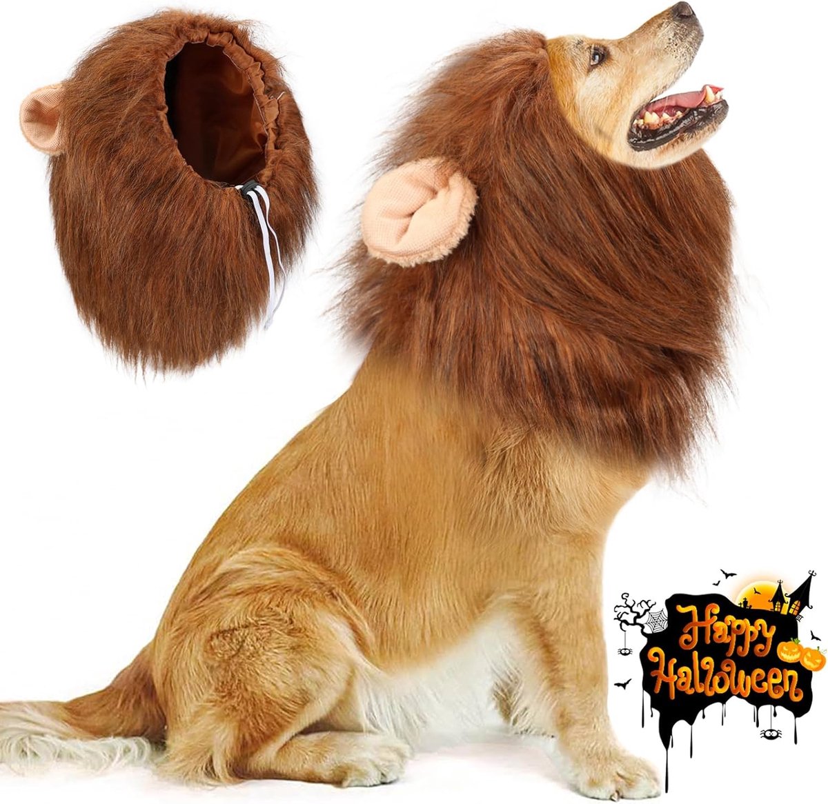 Lion Mane pruik, verstelbaar huisdierkostuum met oren, hondenleeuwenmanenkostuum voor hond (donkerbruin)