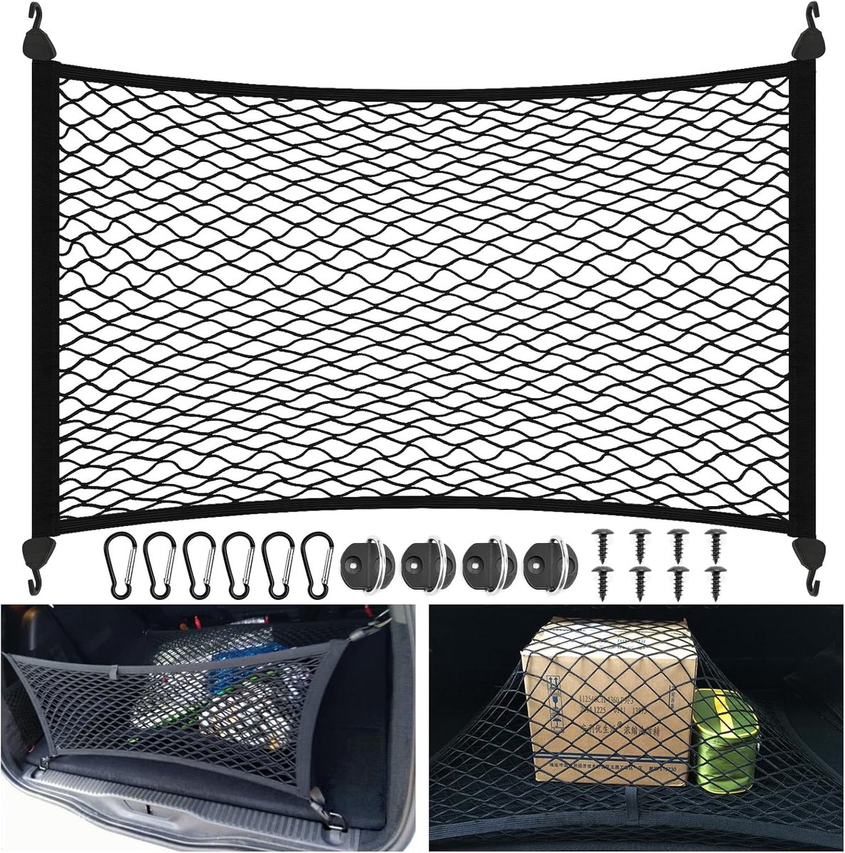 80 x 60 cm auto kofferbaknet strekt zich uit tot 150 x 110 cm, elastisch autospannet met 4 haken voor universele auto