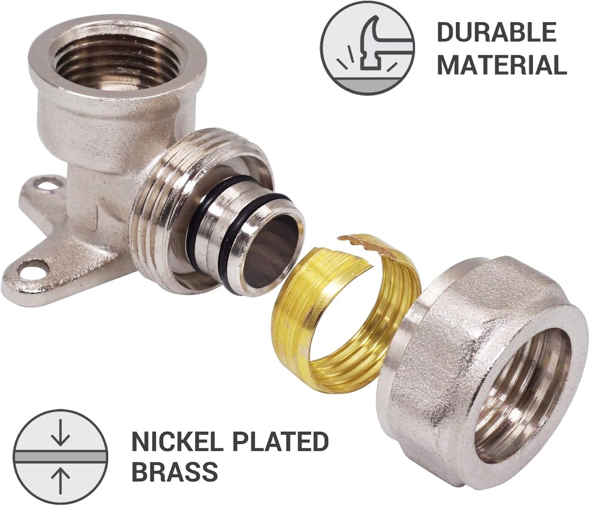(1 stuk) Knelpijpbocht 20 mm x 1/2" met muurplaat, vernikkeld messing knelfitting, binnendraad