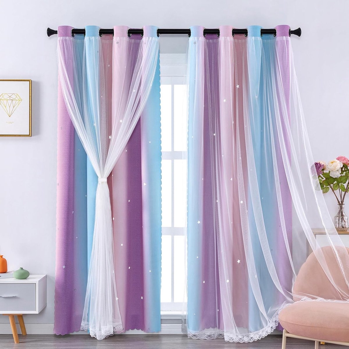Gordijnen voor kinderkamer, verduisteringsgordijnen met tule, sterrenmotief, 132 x 183 cm (breedte x hoogte), roze/blauw/paars, 2 stuks