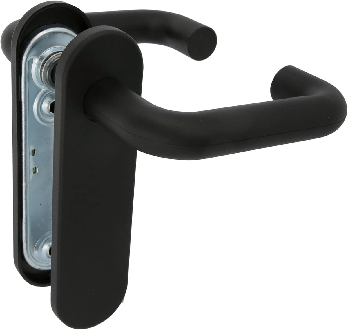 – Deurklinken met Schild voor Binnen- of Buitendeur – Zwarte Ergonomische Antislip Deurklink – Schild 172 x 46 mm – Vierkantstift 9 mm – Staal met Polypropyleen