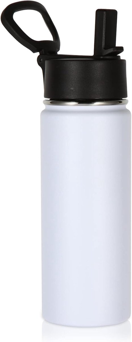 530ml 18oz Geïsoleerde waterfles voor kinderen, roestvrijstalen waterflessen met rietjesdeksel, brede opening dubbelwandige vacuüm sport reisfles voor koude dranken (wit, 1 stuks)