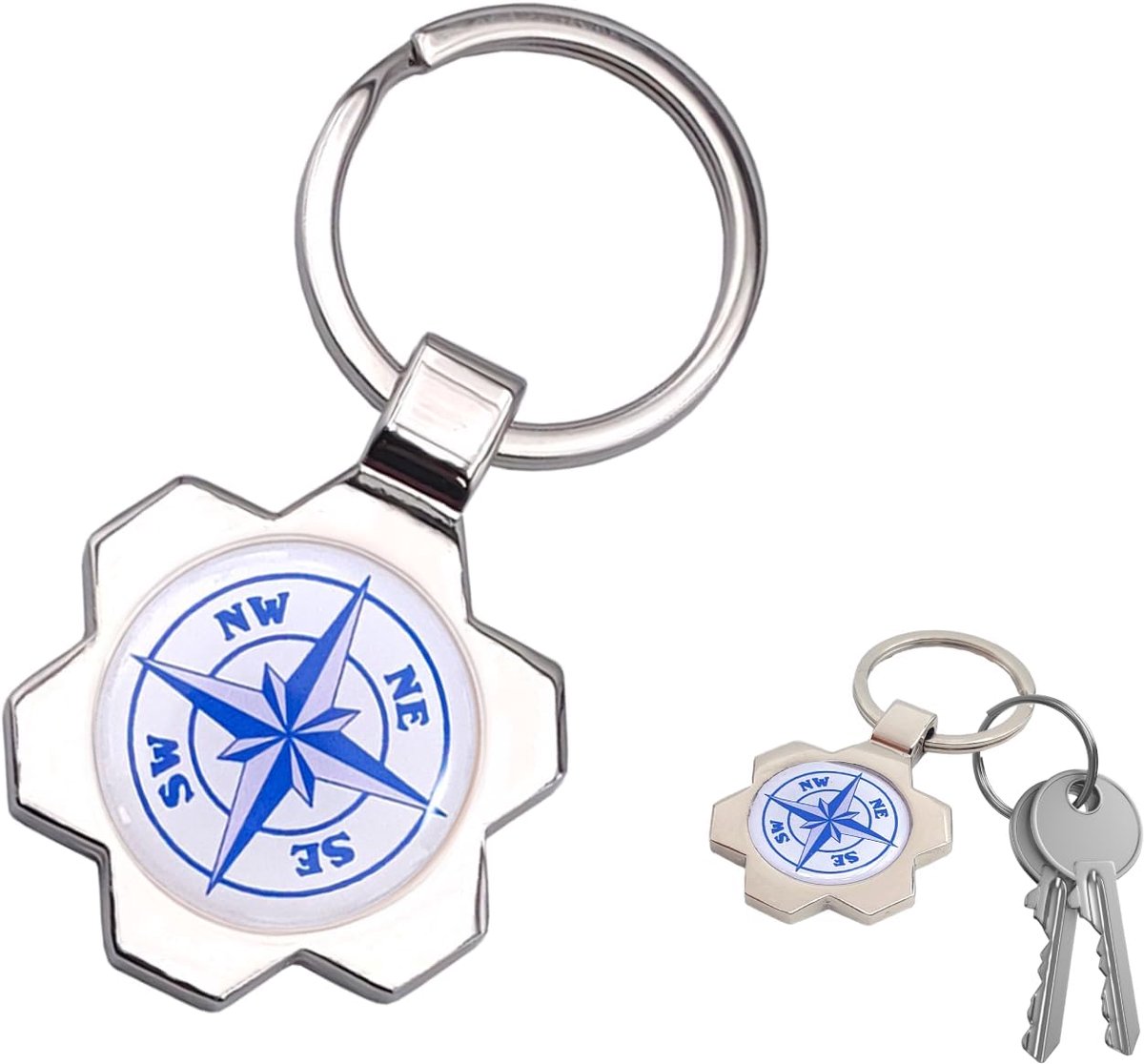 Elegante en duurzame sleutelhanger van verchroomd staal met windroos van hars, versterkte ring voor sleutels, zwart etui, uniseks voor auto, motorfiets, heren en dames, elegant en