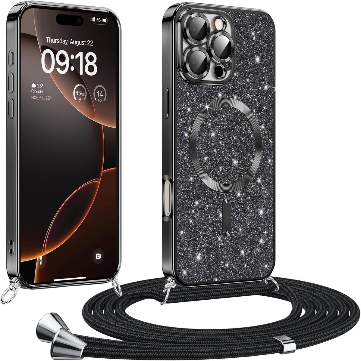 Telefoonhoesje met koord voor iPhone 16 Pro, glitter, compatibel met MagSafe, volledige bescherming, krasbestendig, schokbestendig, beschermhoes met verstelbare ketting, zwart