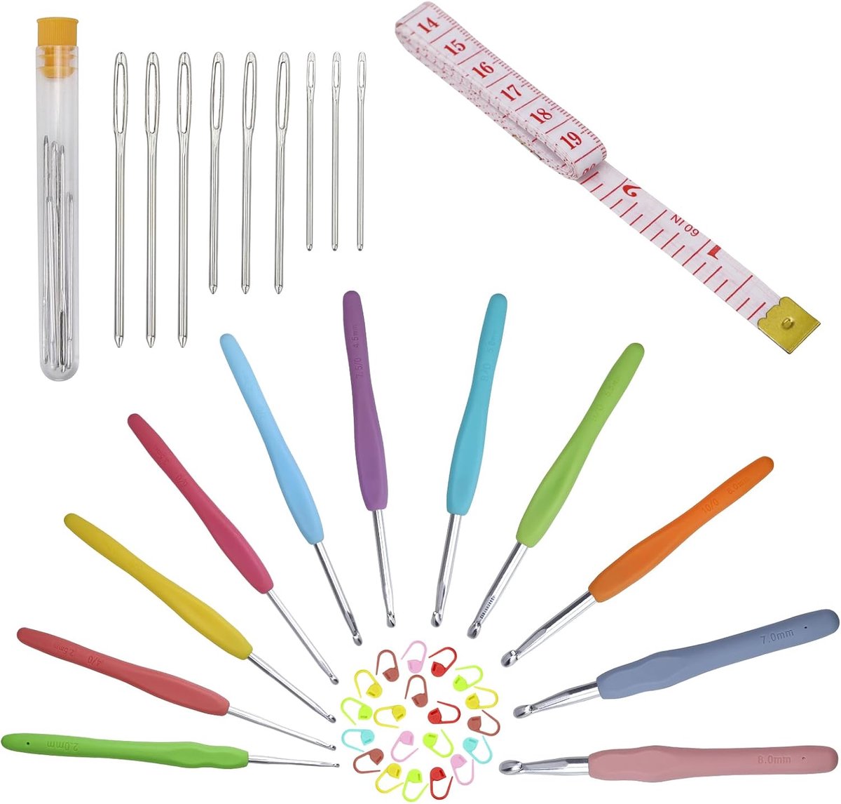 Haaknaaldenset, 11-delig, aluminium naalden met zachte grip en rubberen greep, 20-delige haaknaald-steekmarkering, breiaccessoires, gereedschap, ergonomische handgrepen met zachte grip, 2,0 mm - 8,0