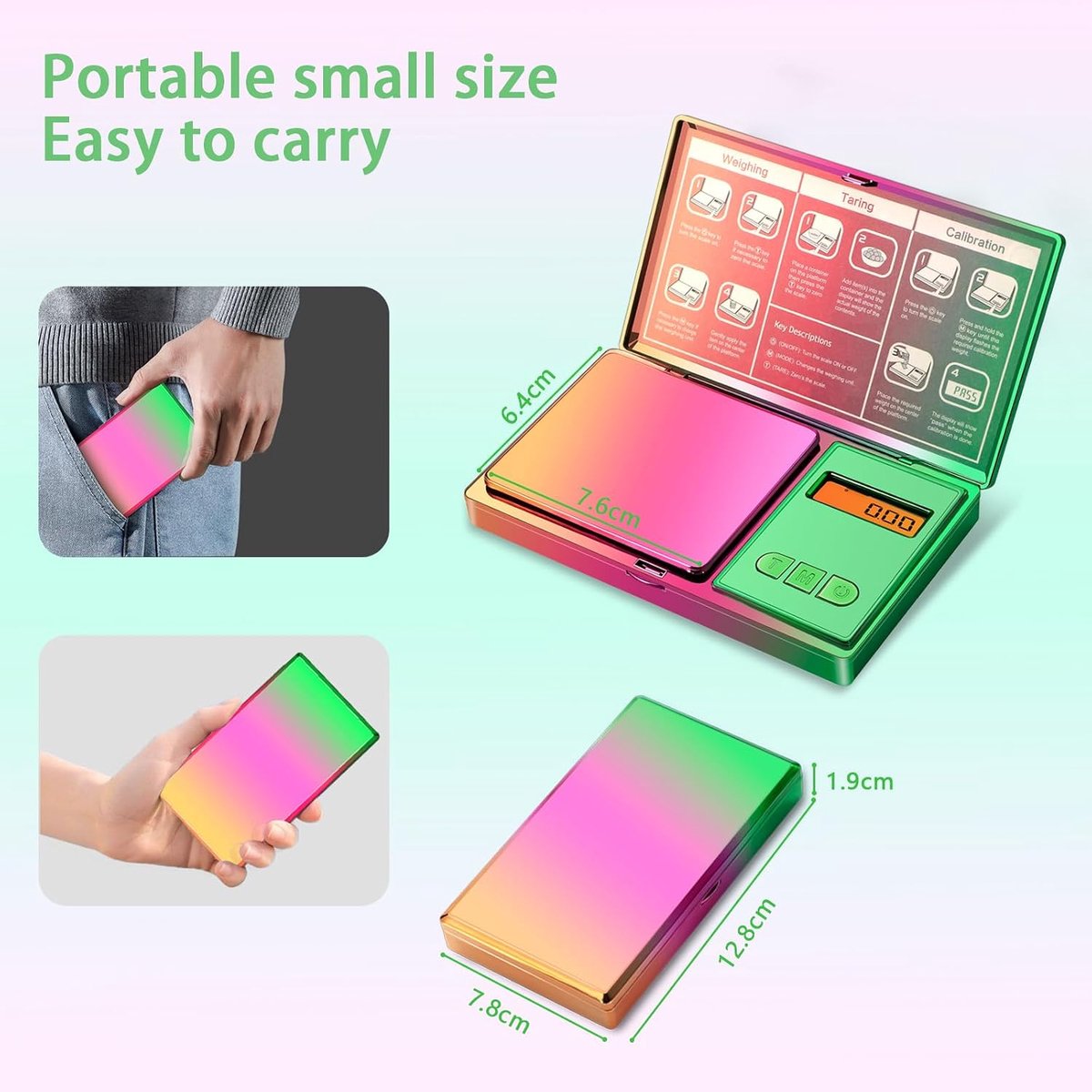 Digitale zakweegschaal, 300 g/0,01 g, mini-regenboogweegschaal voor levensmiddelen in ounces, kleine gramweegschaal met iriserende coating, tarra voor sieraden, medicijnen, munten