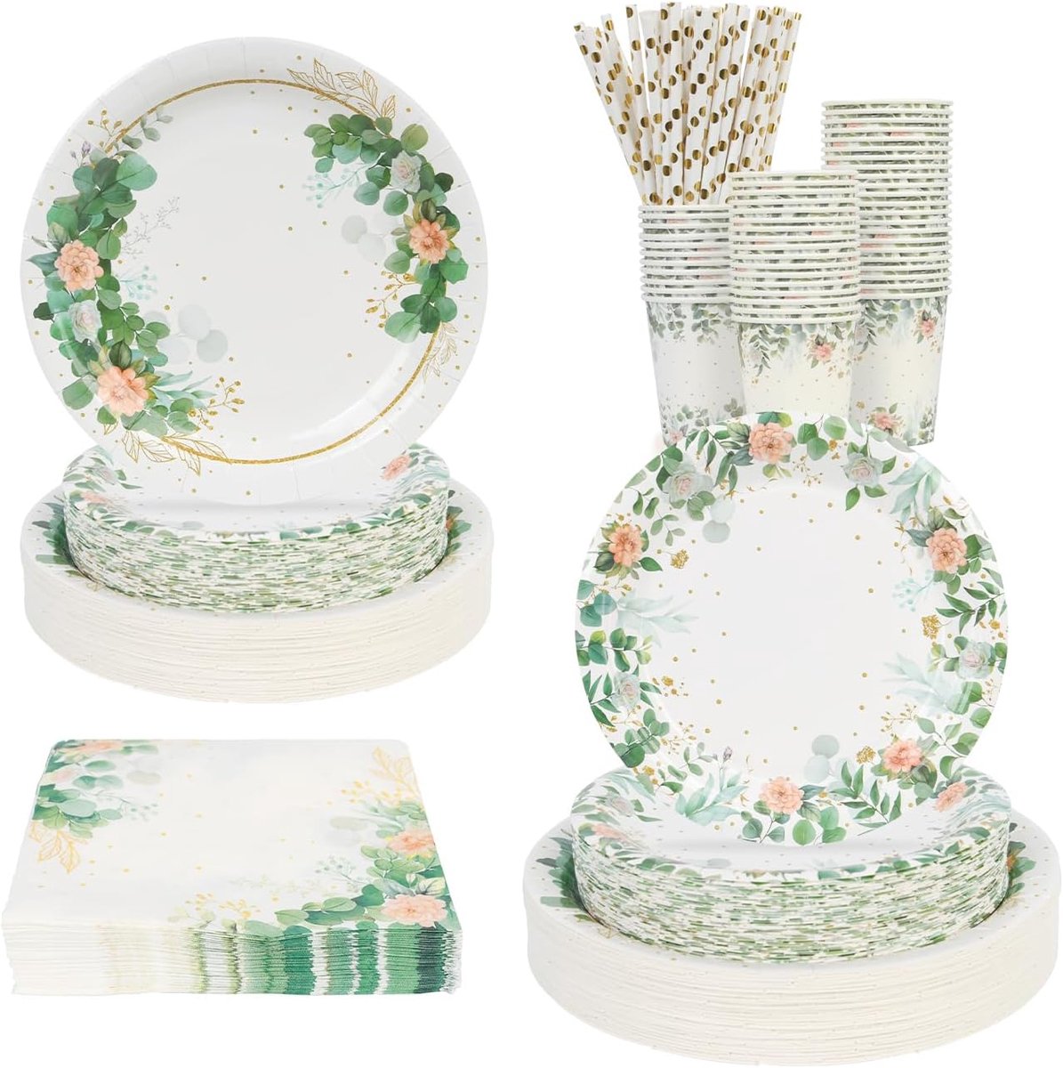 papieren borden, servetten, kopjes set voor 50 personen, wegwerpborden, babyborrelborden, bekers en servetten voor verjaardag, bruiloft, babyshower, jungle-safari-feestdecoratie (saliegroen
