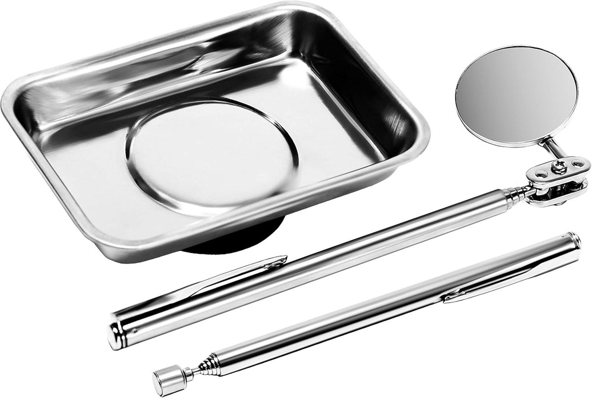Roestvrij stalen inspectiegereedschap magnetische pick-up set 3-delig sterke magneetgrijper uittrekbaar tot 630 mm inspectiespiegel D 32 mm uittrekbaar tot 460 mm magneetschaal 64 x 93 mm