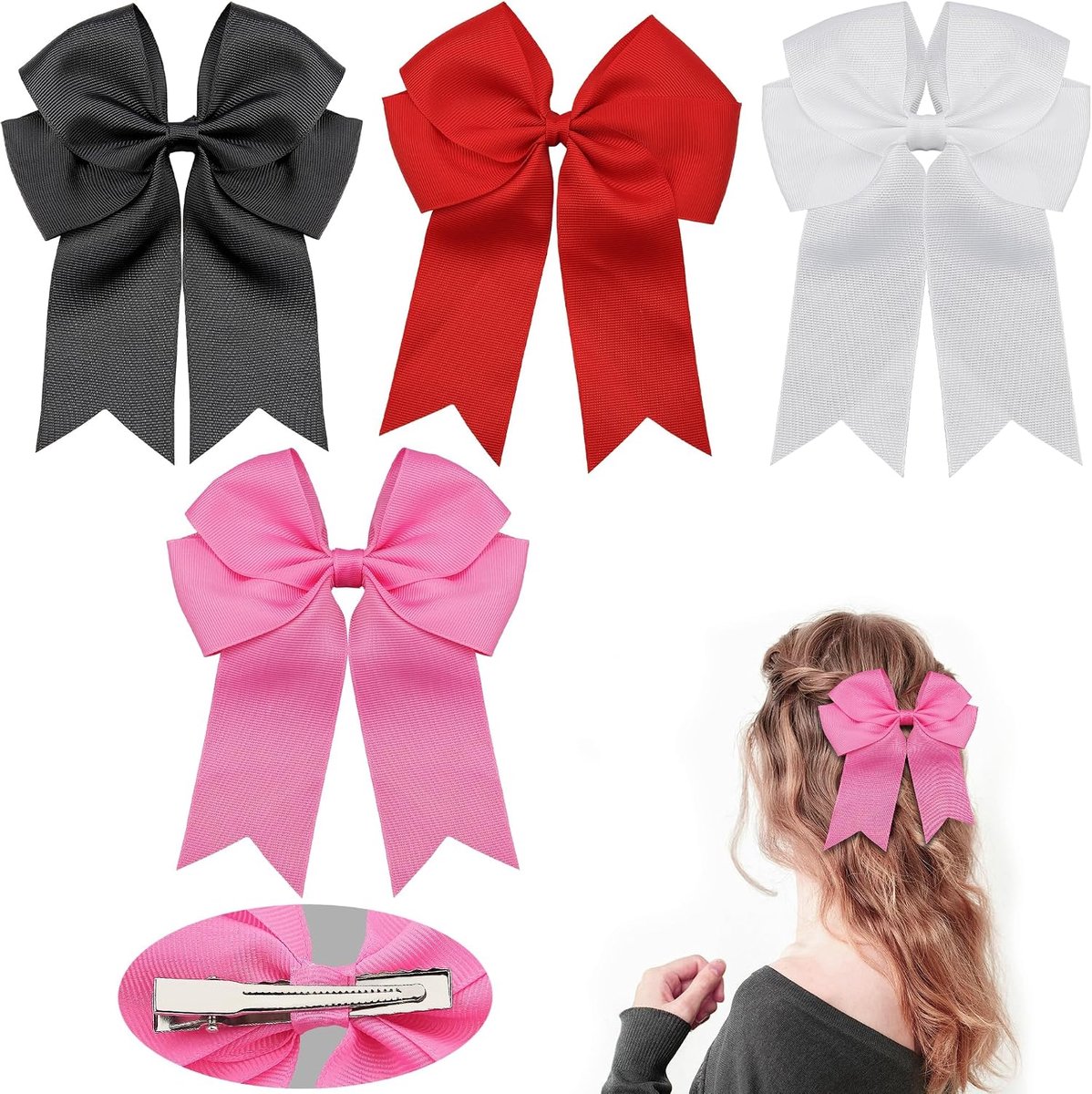 4 stuks strik haarclips voor vrouwen haarstrik met sectie haarclips haarstrikken voor meisjes stof satijn haaraccessoires voor bruiloft bruids verjaardagsfeestje - zwart rood wit roze