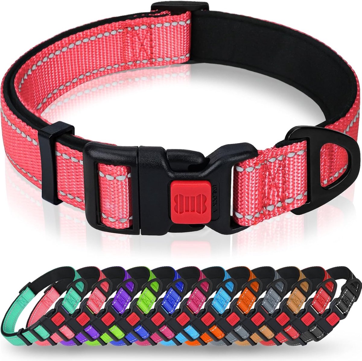 Reflecterende nylon hondenhalsband met veiligheidsgesp, verstelbare halsband, zachte neopreen voering, voor extra grote honden, babyroze