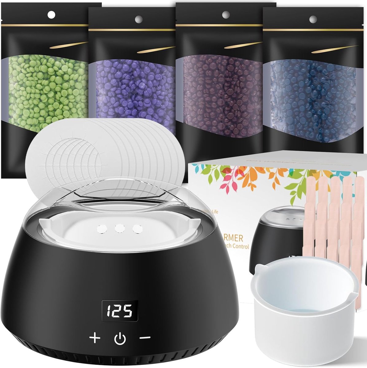 Waxverwarmer set met LCD-display, siliconen schaal, Waxing Kit 400g waxparels, 20 houten spatels, 10 papieren strips, Wax ontharingskit voor thuis（Zwart）
