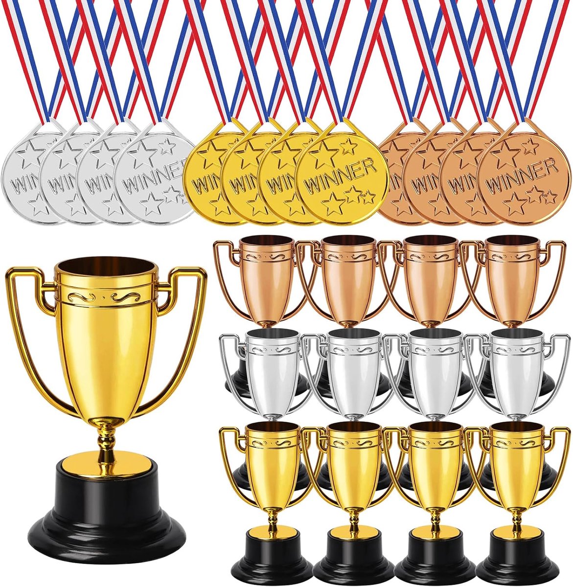 Goud Zilver Brons 12 Stks 4 × 3.2 Inch Trofee Cup en 12 Stks 3,48 × 35,7 Inch Award Medailles met nek lint, Ideaal voor Team Award Ceremonies Kampioenschap Games Sport Competities