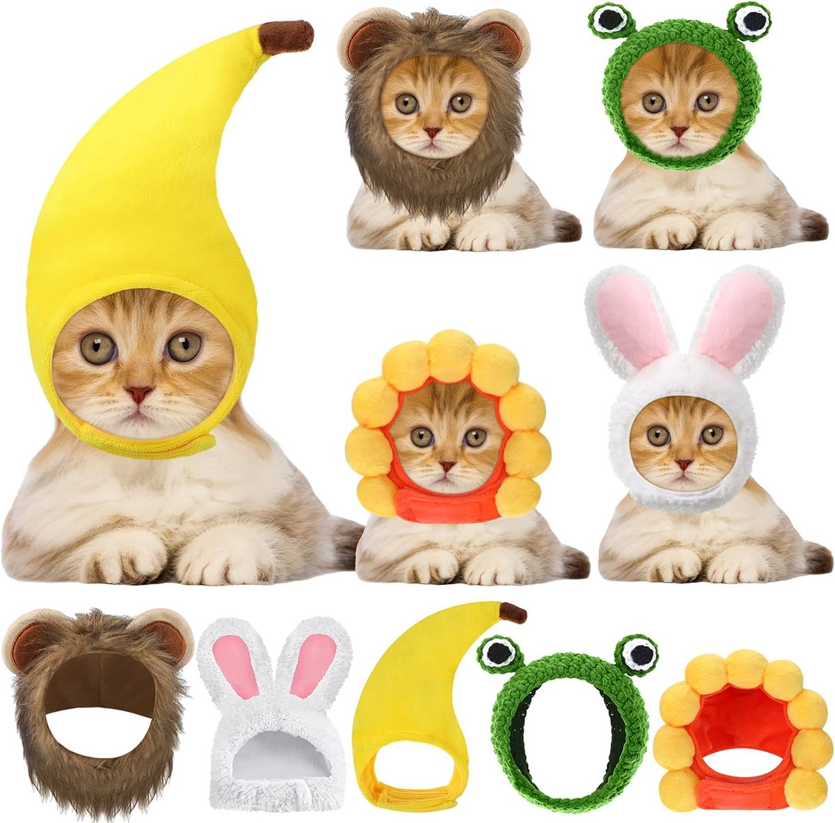 5 stuks kattenhoed, schattig kostuum, konijnenhoed met oren, grappige manen, kattenhoed voor katten en kleine honden, kittens, puppy's, feestkostuum, accessoire hoofddeksels (leeuw, kikker,