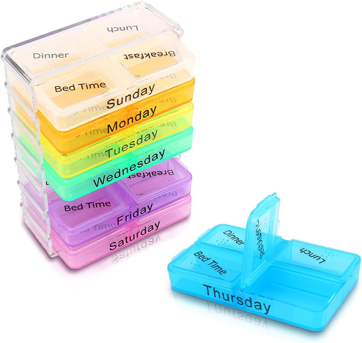 opbergdoos voor medicijntablet met 7 compartimenten en kleurencompartiment,Pillendoosje, compartiment heeft 4 segmenten om medicijnen voor te sorteren voor ontbijt Lunch Diner Bedtijd