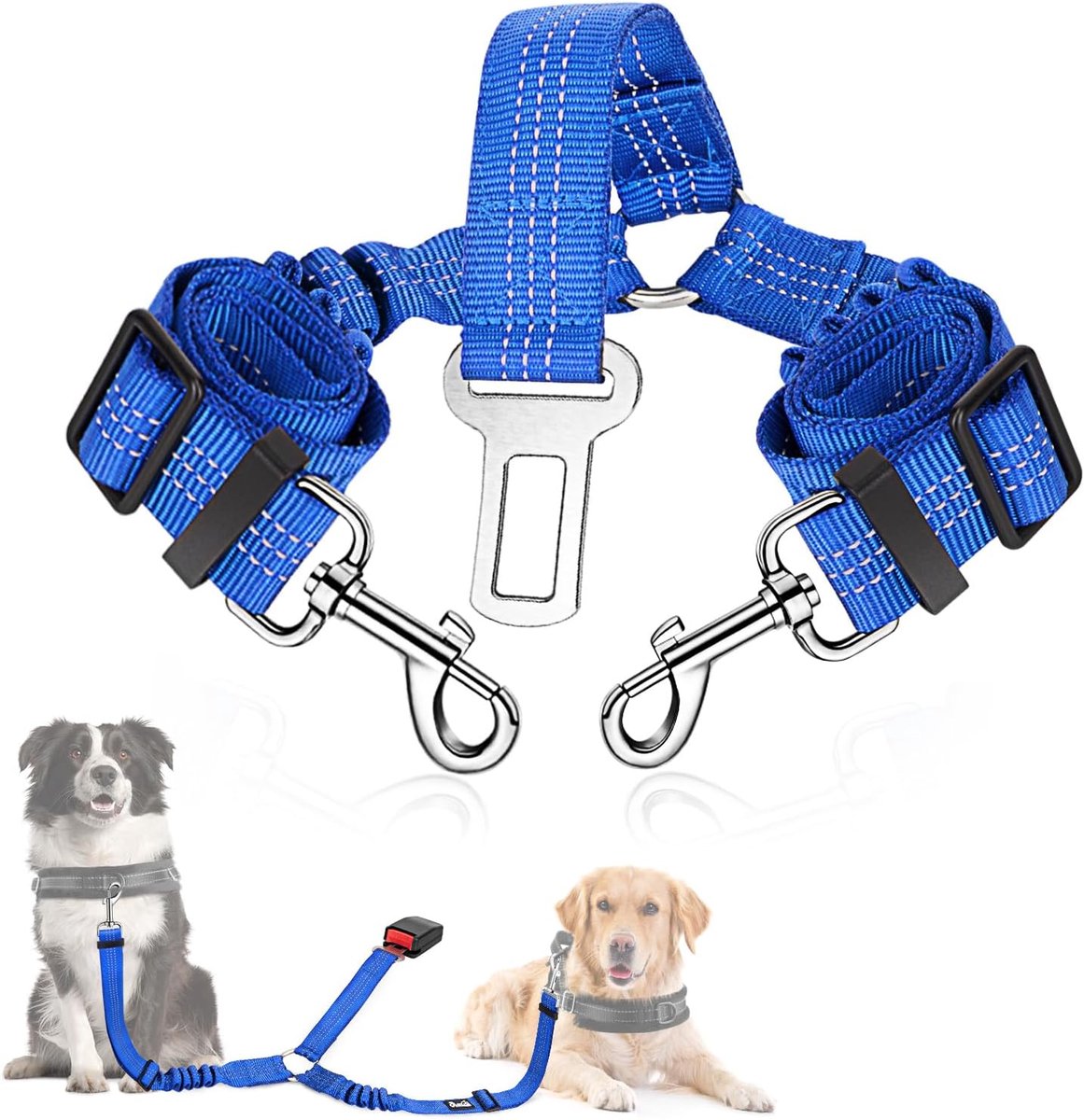 Honden veiligheidsgordel voor de auto, 2-in-1, klitvrije duurzame elastische hondentuig voor de auto, verstelbare reflecterende veiligheidsgordel voor honden voor auto op reis en uitgaan