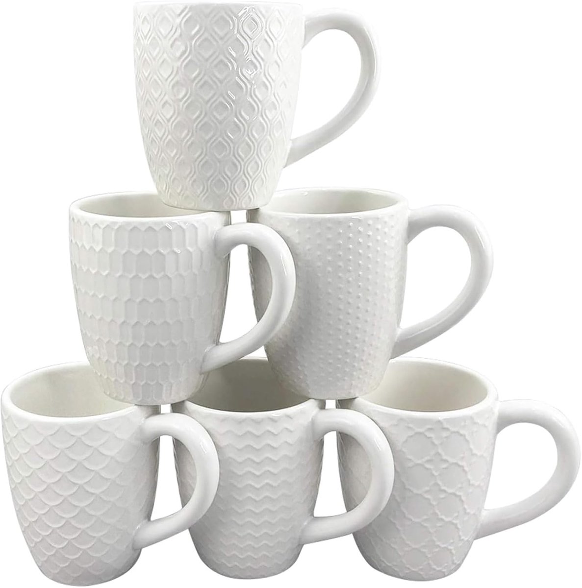 Koffiekopjes, set van 6 stuks, koffiekopjes met reliëfpatroon, moderne beker van porselein voor koffie, thee, cappuccino, latte, melk, cacao, sap en andere warme dranken (witte kopjes)