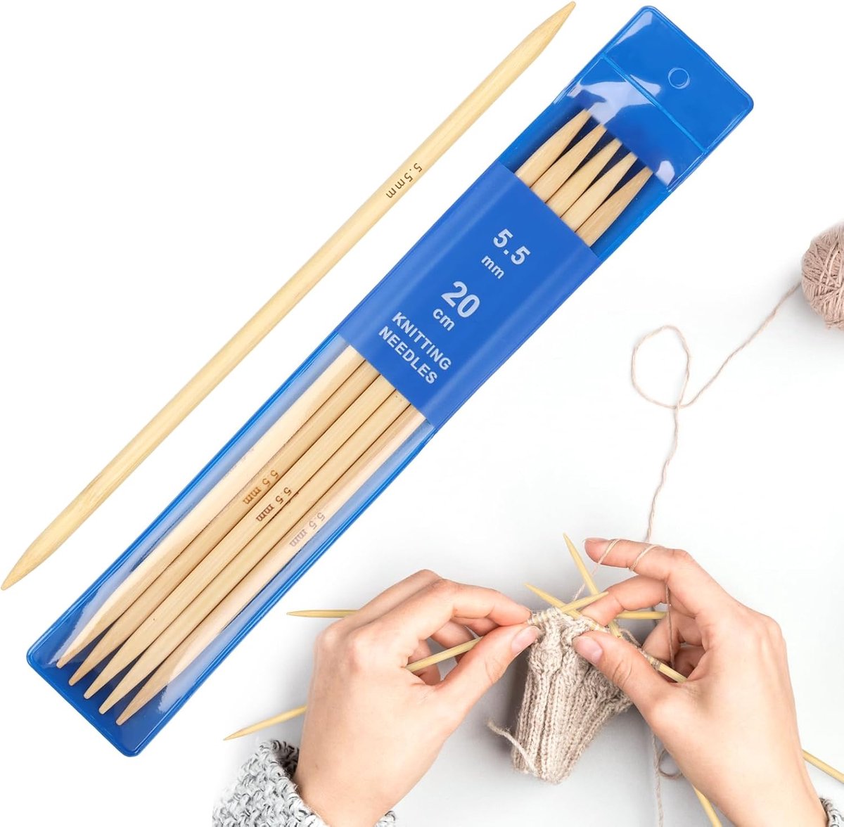 5 stuks bamboe naaldspel 5,5 mm breinaalden set, 20 cm lengte breinaalden voor sokken, sjaals, mutsen, huisdieren, truien, sokken breien voor beginners, sokkennaalden 5,5 mm