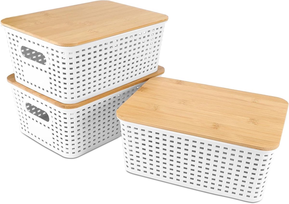 3 stuks opbergdozen met bamboe deksel, opbergdozen, kunststof opbergdoos, badkamer, stapelbare kisten, opslag met deksel, box met deksel, voor keuken, slaapkamer, kledingkast