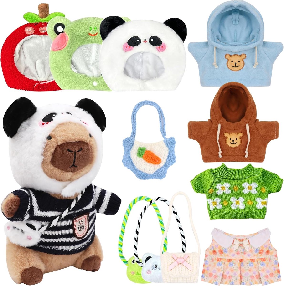 Pluche set, 23 cm pluche dier, Capybara-pop, schattige pluche dieren voor kinderen met kleding en accessoires, woondecoratie in de vorm van een pluche dier voor de woonkamer (13 stuks)