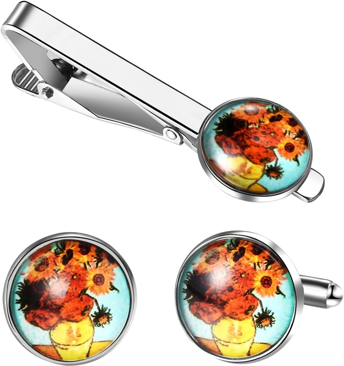 Dasspelden en manchetknopen set voor heren: Van Gogh zonnebloemen dasspeld manchetknopen klassieke zakelijke bruiloft sieraden accessoires cadeau voor mannen zilver