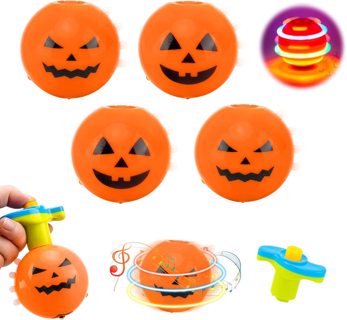 Halloween kindercadeautje, 4 stuks Halloween-cadeaus kinderen opwindspeelgoed pompoen spinning tops speelgoed voor Halloween n cadeau goody bag