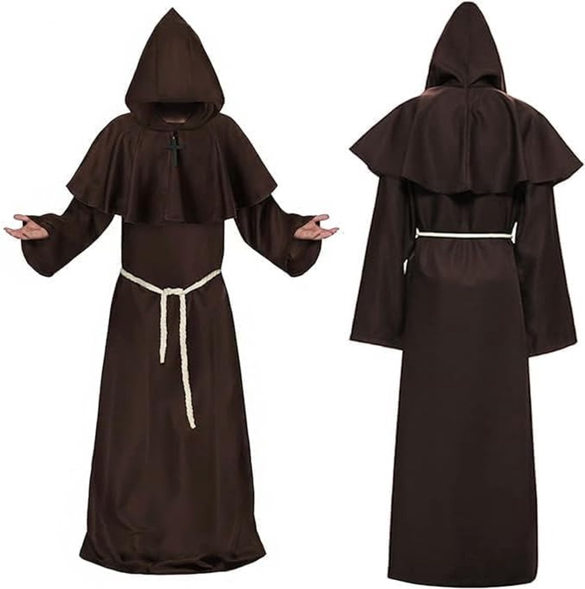 Monnikenkostuum voor heren, Halloween, monnik-priestergewaad, capuchon en kruis, middeleeuws renaissance-kostuum, voor themafeest, Halloween, carnaval