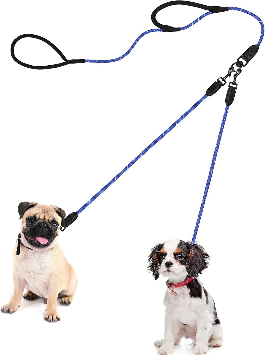 Hondenriem dubbele riem voor 2 honden, geen verstrengeling, trainingslijn met twee gevoerde handgrepen, reflecterend nylon, dubbele lijn voor kleine en middelgrote honden