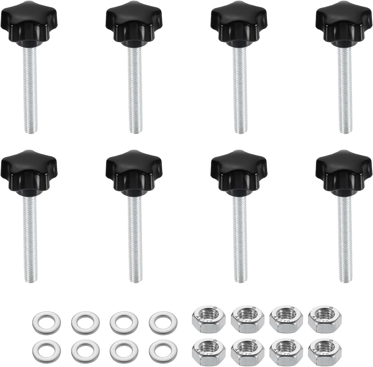 8 stuks sterklemknopen met moeren sluitringen, M6 x 45 mm, metrisch verzinkt koolstofstaal, schroefdraad 25 mm, 5-sterren kunststof draadstift, handknopen, handgrepen, duimschroeven