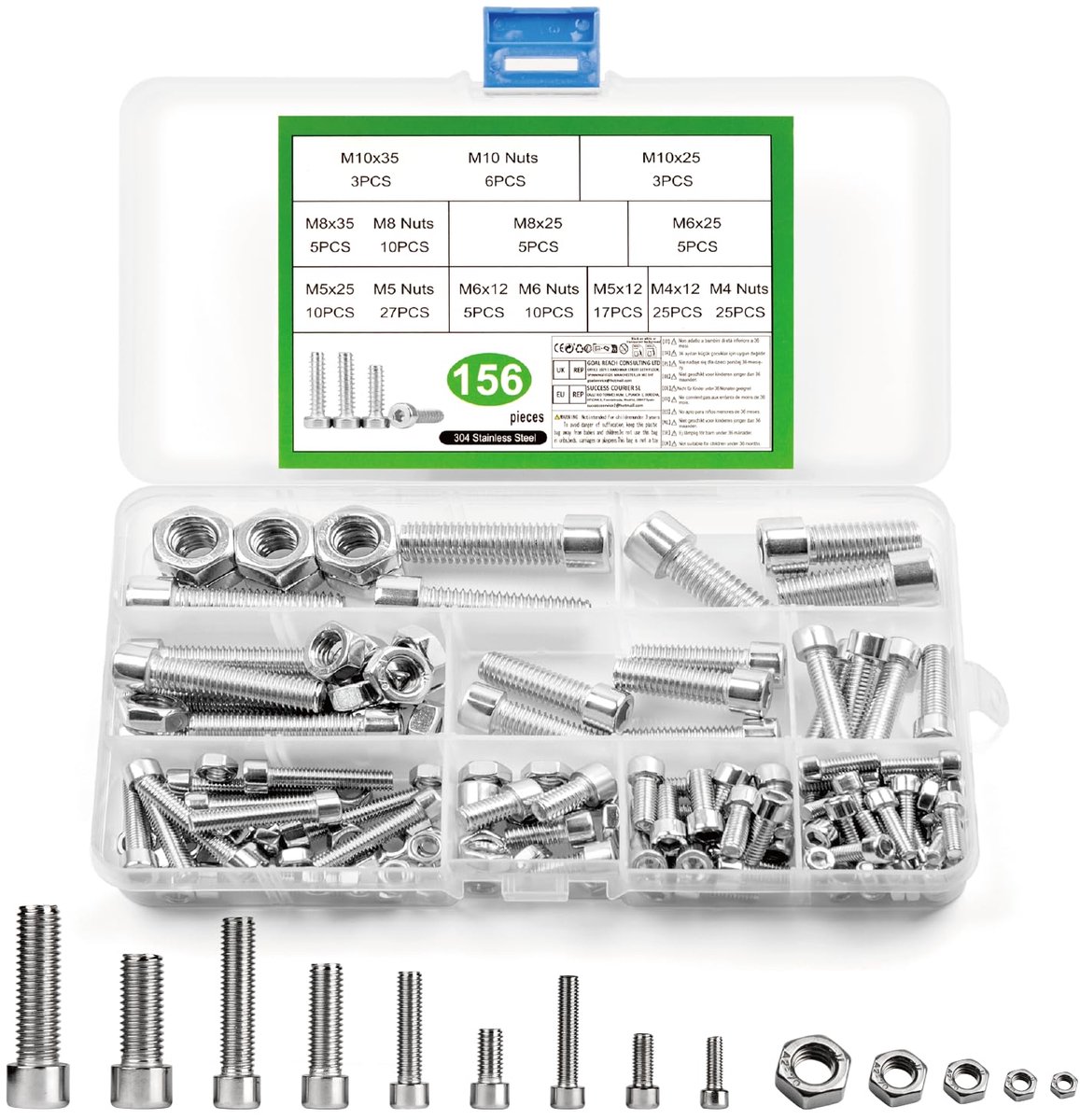 M5 M6 M8 M10 Schroevenset, 156 STK roestvrijstalen cilinderschroeven met binnenzeskant schroeven met moeren, draadschrouwen moeren set, machineschroeven assortiment, met zeskantmoeren