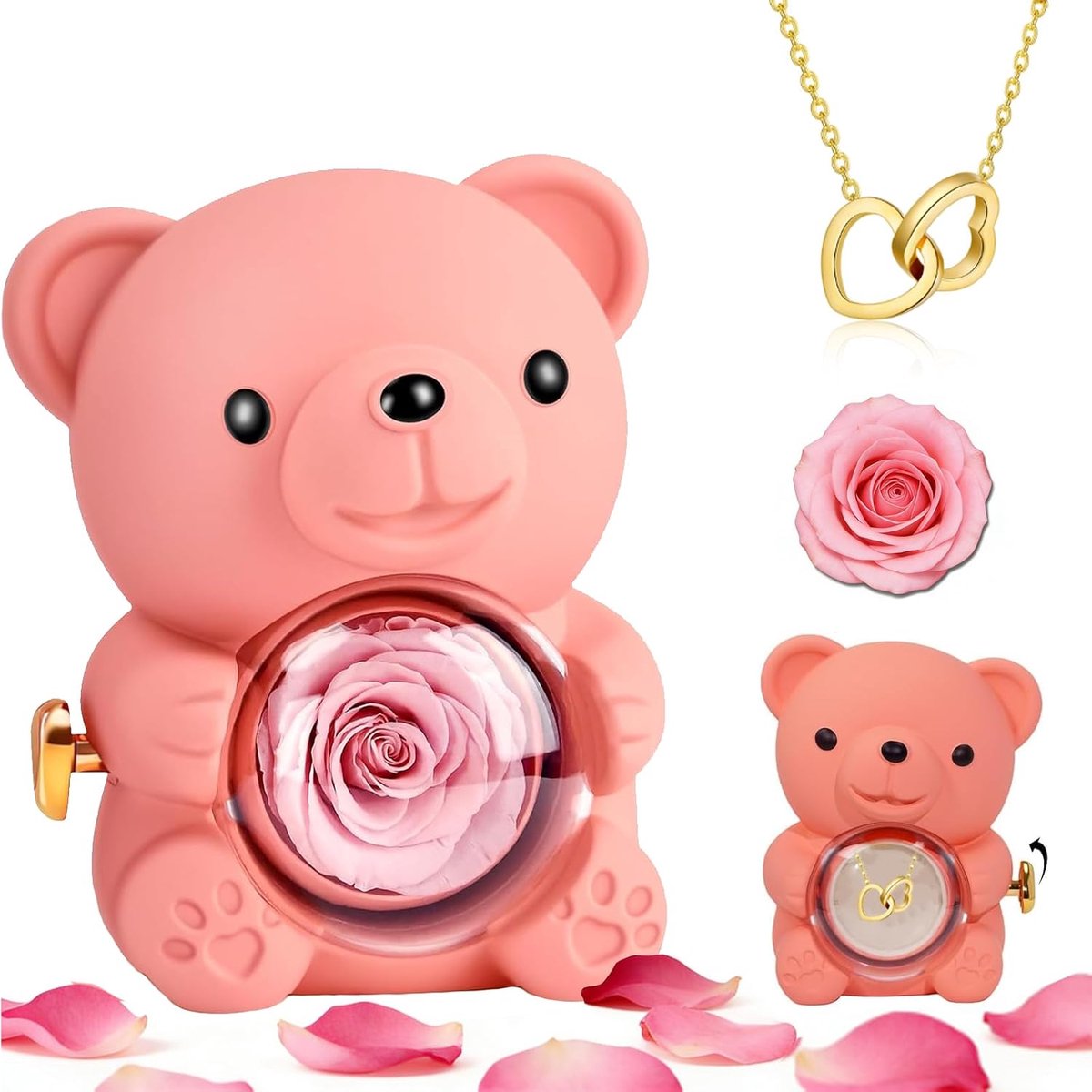 Geconserveerde rozenbeer met hartketting, eeuwige rozenbeer, rood, cadeau voor dames, verjaardag, mama, jubileum, originele beer met eeuwige bloem