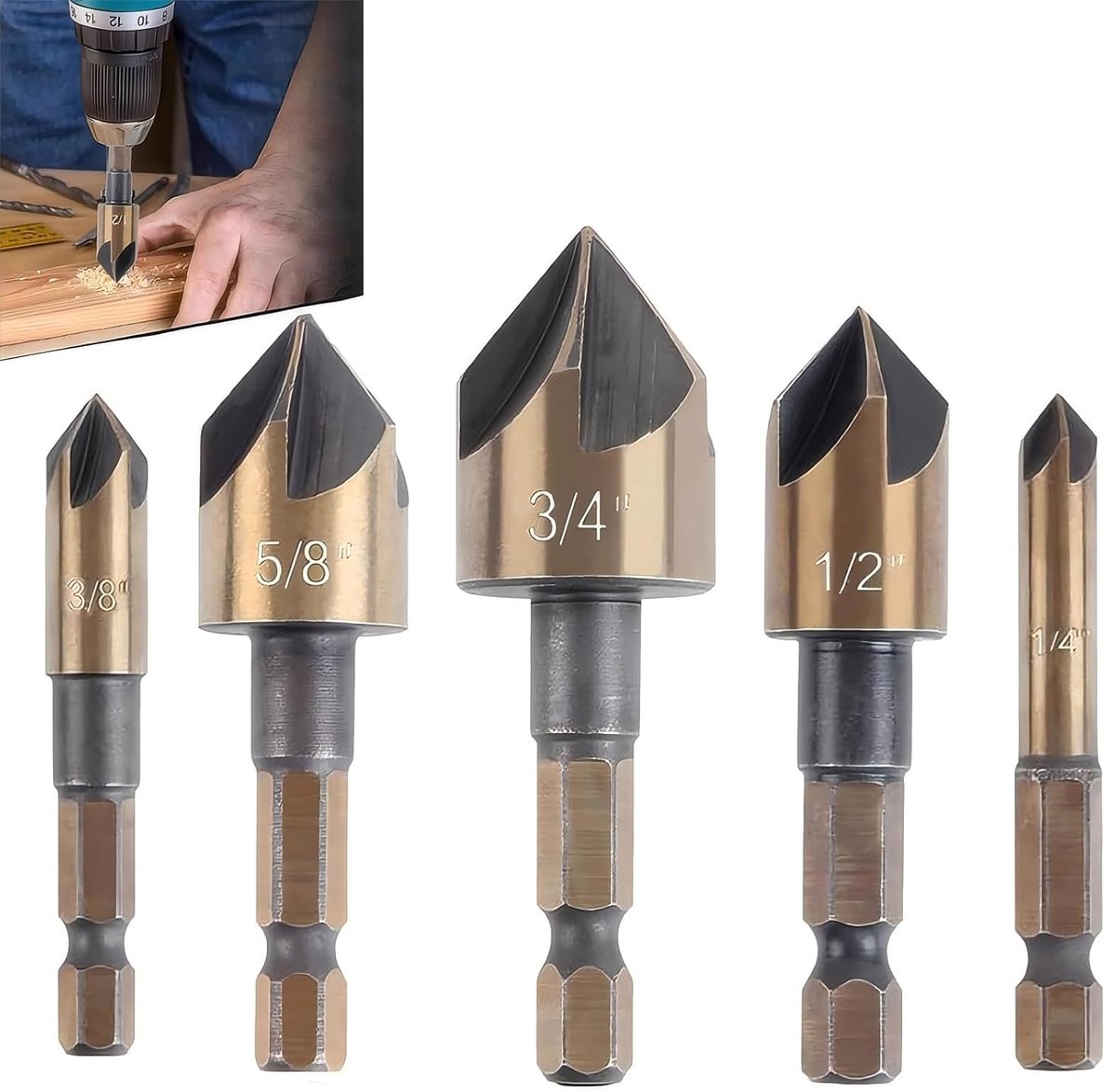 5 stuks kegelverzinkset, verzinkboorset voor metaal, 1/4 inch zeskantige schacht, 82 graden, 5 snijdende kegelverzinkboor voor hout, metaal, multiplex, zacht hout, hardhout