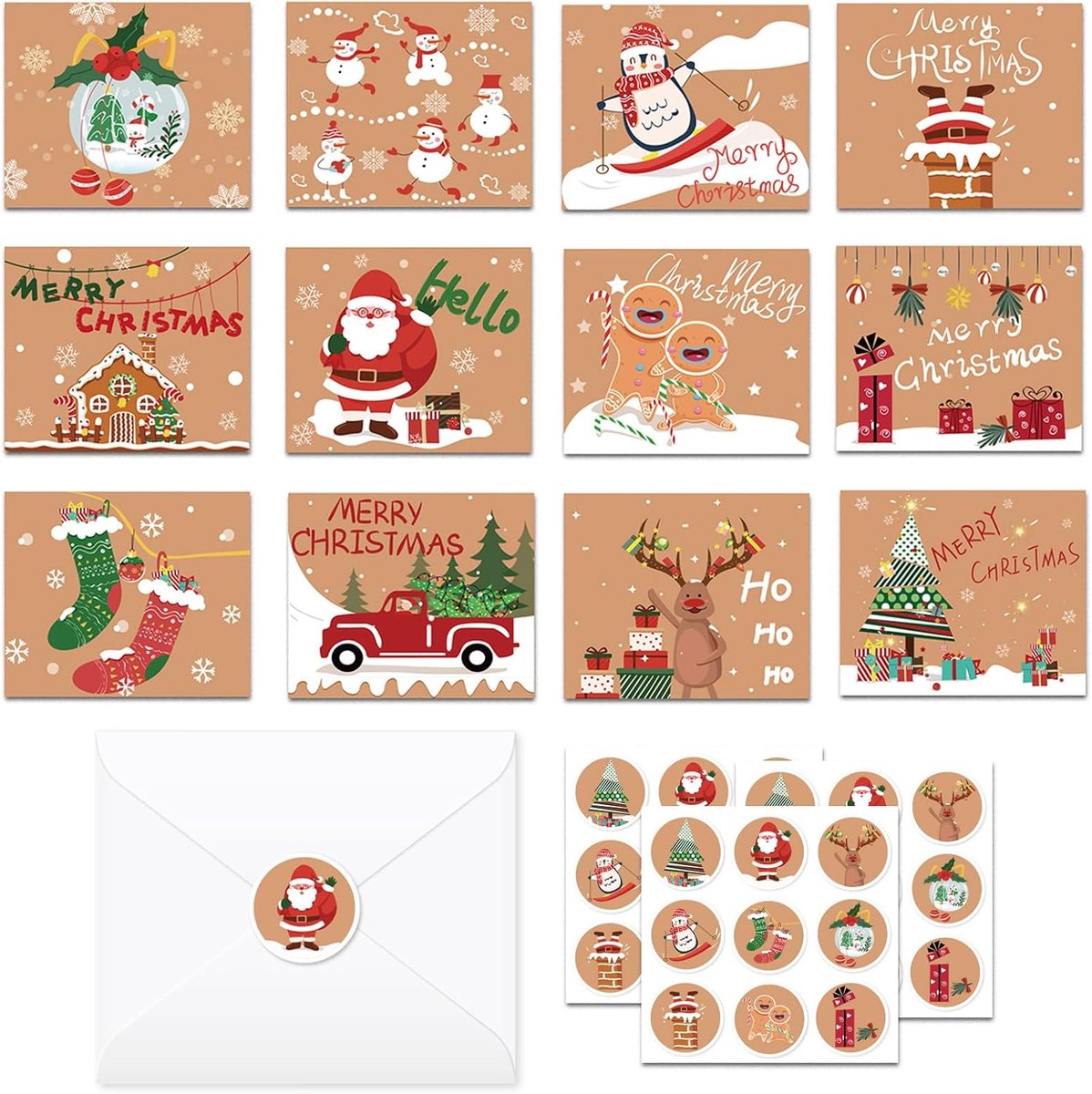 Wenskaarten met enveloppen, blanco notitiekaartenset, 6 kerstmotieven, voor vakantieverwensen, vrolijk kerstfeest, seizoensgroeten, met envelopstickers