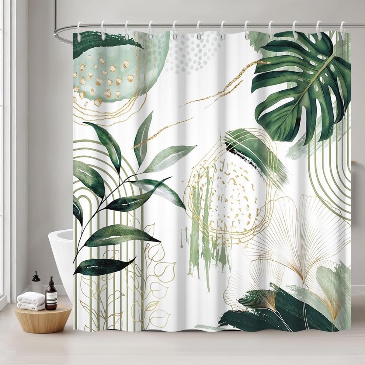 Douchegordijn, abstract, boho, jungle, groene palmbladeren, ginkgo, douchegordijn, anti-schimmel, waterdicht, polyester, wasbaar, met 12 haken, voor badkamer, 200 x 180 cm