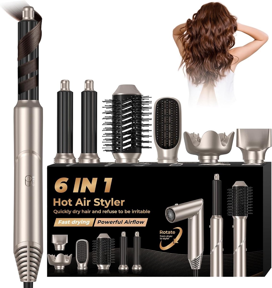 Styler 6-in-1 Air Brush verwarmingsborstel, föhn met diffuser, 6-in-1 blaasborstel, airstyler, haarkruller, stijlborstel, airbrush-set, kapsel, dames, goud