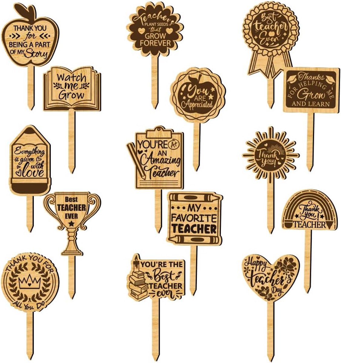 arricraft 15 stuks houten plantenlabels, 15 stijlen tuinetiketten met lerarentekst, bladdecoratie, houten markeringen voor binnen en buiten planten, bloemen, zaad, oppotten, lerarendagcadeau