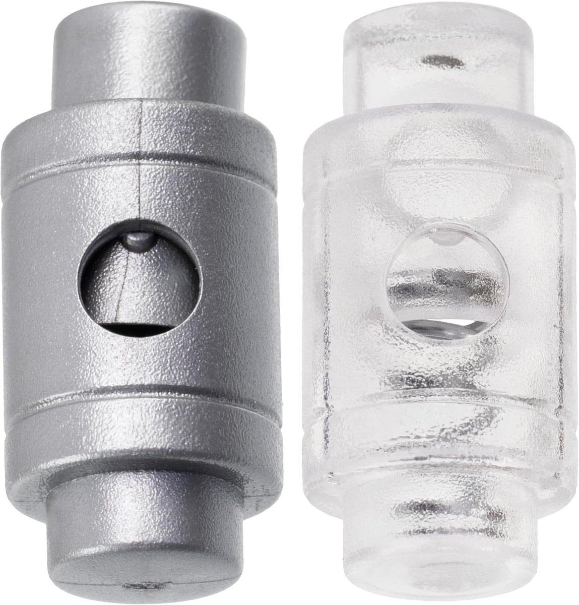 - Set van 20 veerbelaste cilindrische koordsloten met 1 gaten - aanslagklem stopkoord - 4 mm opening - kunststof - kleur zilver en wit transparant