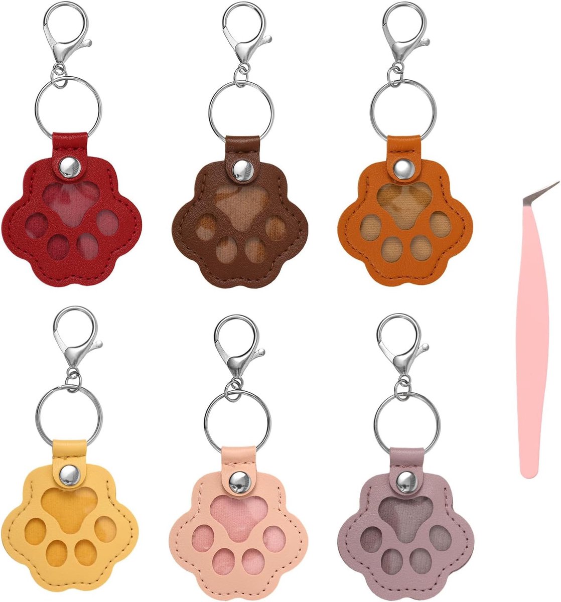 6st Leren Sleutelhangers in de Vorm van een Huisdier voor Honden en Katten, met een Pootvormige Bonten Versiering Inclusief Pincet en Sleutelhanger met Opbergruimte voor Dierenhaar (6 Kleuren)