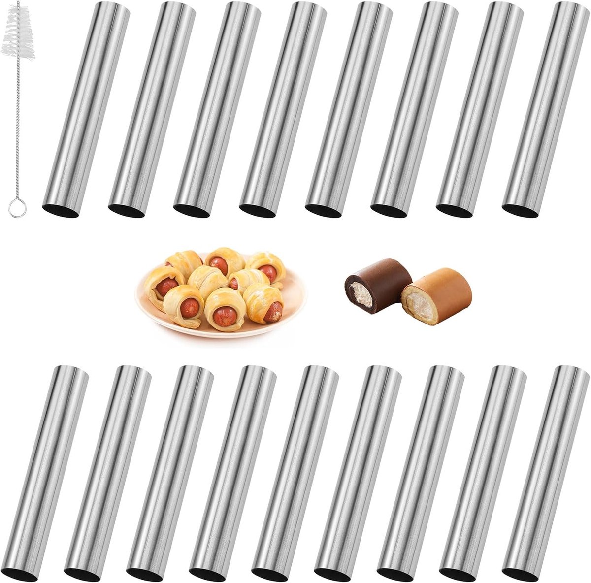 bakvorm, 17 stuks, roestvrij staal, schuimrolvorm, klein, bakvorm, hoorntjes, anti-aanbak, irispelvorm, roestvrij staal, cannoli-buisjes met reinigingsborstel 12 cm, voor irislokken, cannoli