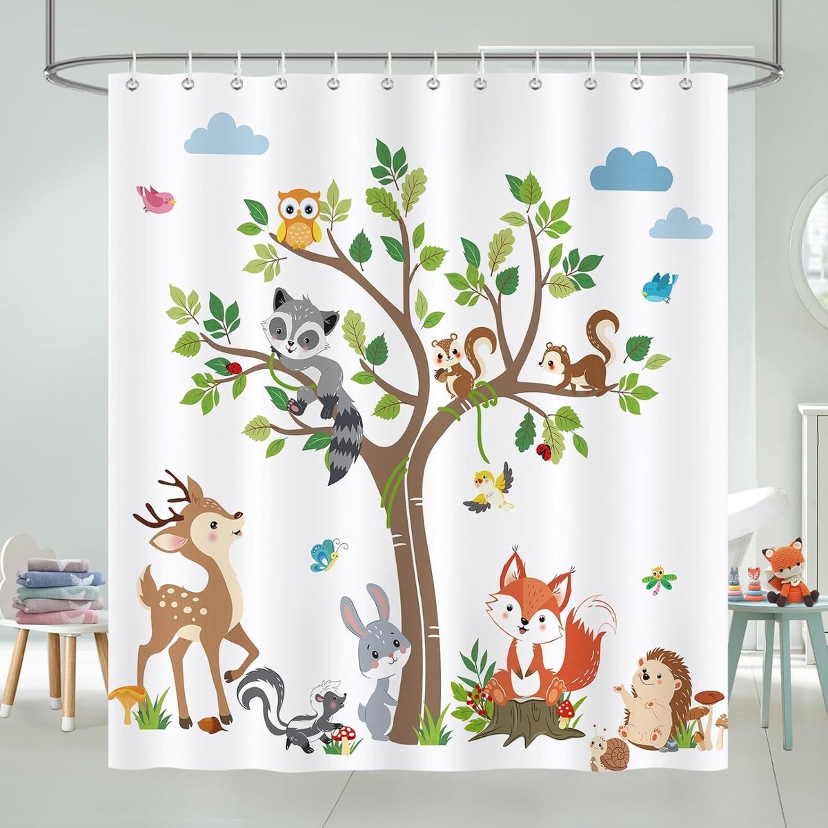 Douchegordijn, 183 x 183 cm, boslanddieren, kleurrijk, hert, egel, vos, konijn, douchegordijn, schimmelwerend, waterdicht, polyester, badgordijn met 12 douchegordijnringen