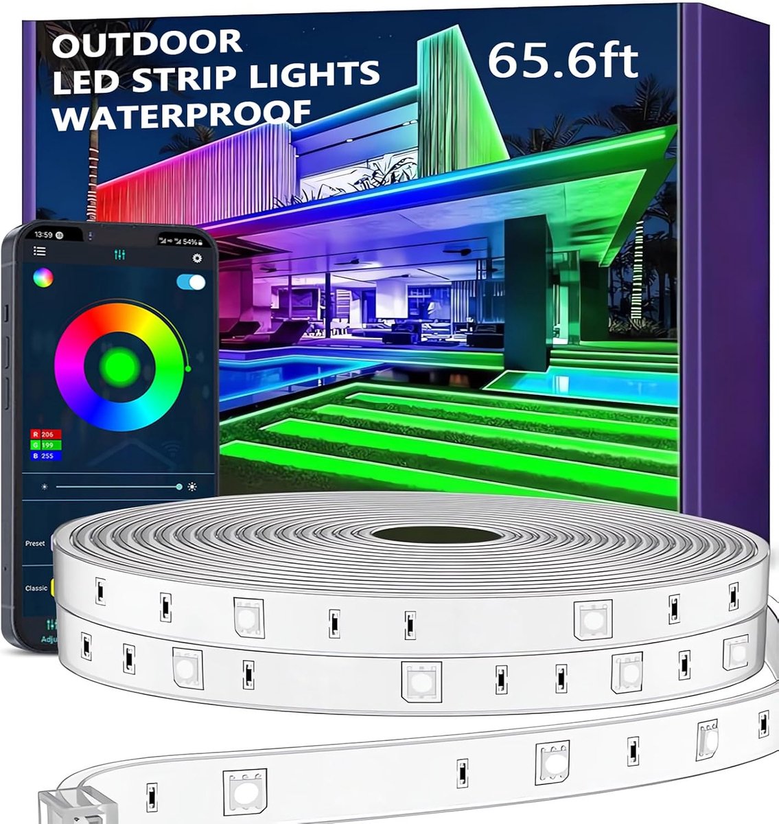 LED-strip voor buiten 30 m, Smart IP67, muziek­synchronisatie, app-bediening, wandmontage, RGB waterdicht voor balkon, tuin, slaapkamer, Kerstmis, Halloween (Zonder afstandsbediening)