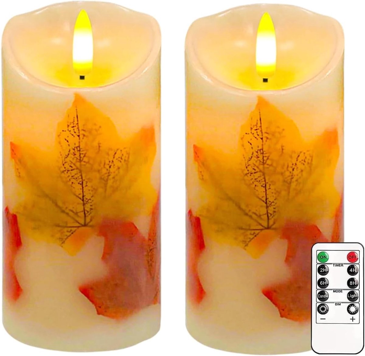 Vlamloze LED-kaarsen, set van 2 flikkerende LED kaarsen met afstandsbediening en timer, dimbare zuilenkaarsen op batterijen, kaarsen voor herfst Halloween Thanksgiving decoratie (Ahornblad)