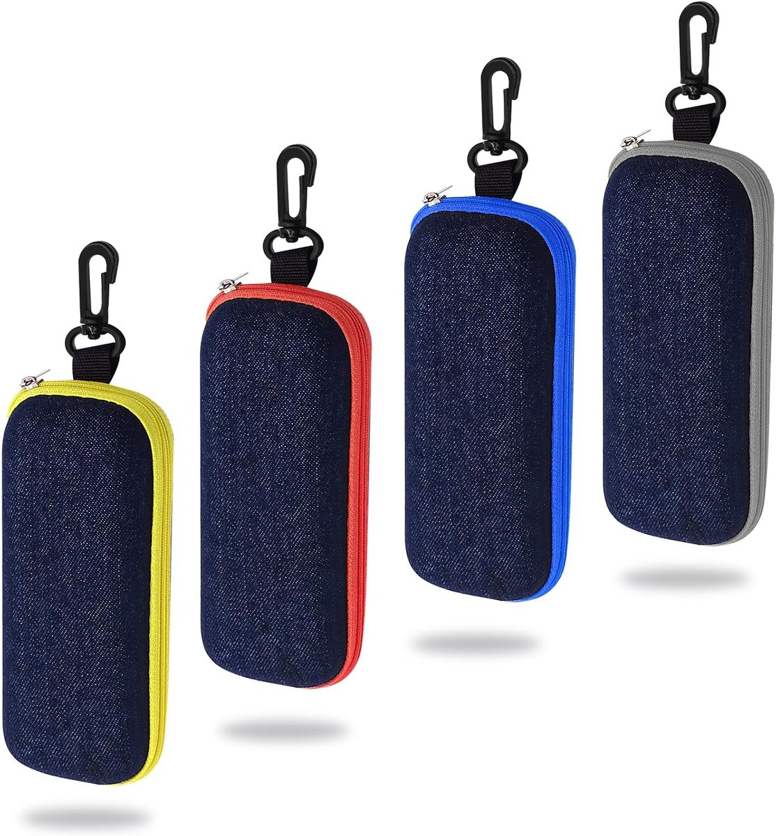 4 stuks brillenkokers, draagbare denim-brillenkoker met karabijnhaak, kleine harde zonnebril, etui met ritssluiting, voor dames, heren en meisjes, 16,5 x 4 cm