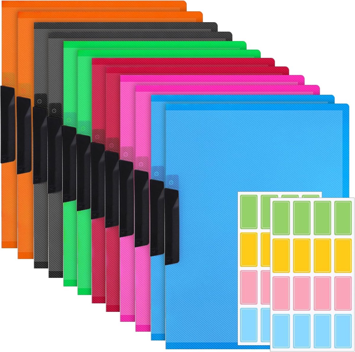 12 stuks snelhechtmappen, A4, plastic, stabiele klemmappen, A4, ordnerbescherming, doorzichtige ordnerafdekking met draaihendel, gekleurde kunststof mappen, set voor kantoor, school, voorstellen